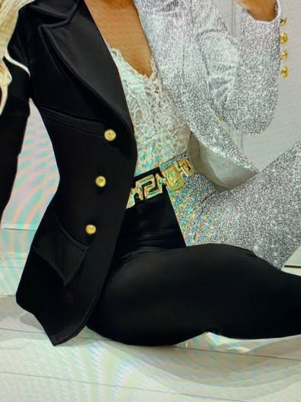 Two-Piece Black and Silver XXL Split Blazer and Pants Set